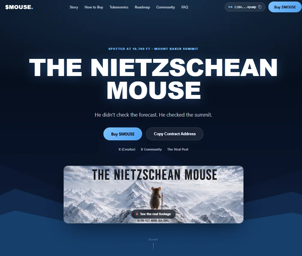 The Mouse website — dark navy token site with a bold hero headline