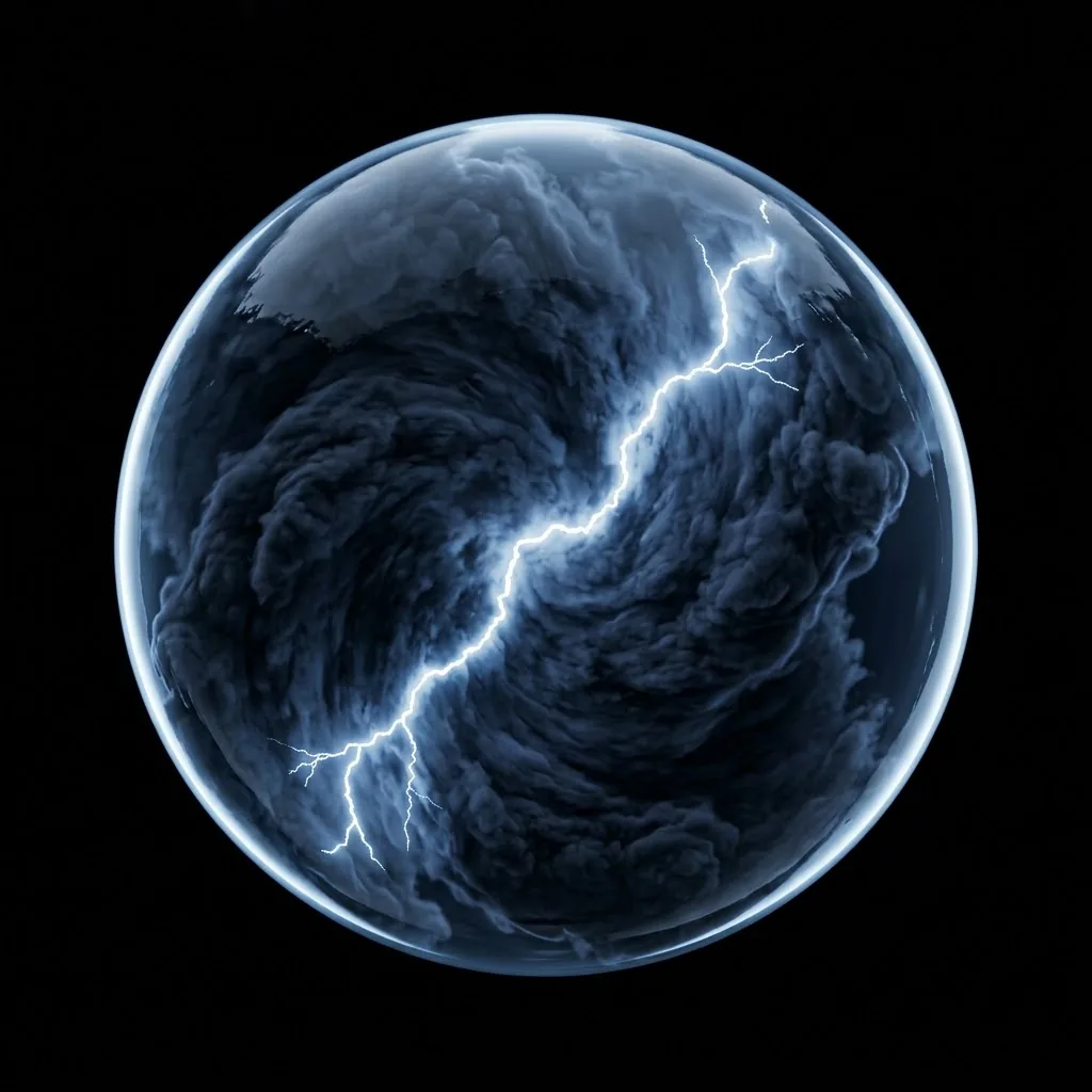 A glass sphere holding a storm — dark clouds and a white lightning bolt sealed inside it